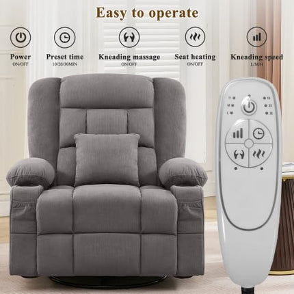 JONPONY Oversized Massage Swivel Recliner Chair with 4-Point 3D Kneading Massage and Heat for Living Room with Rocking Function 2 Cup Holders, USB Charge Port