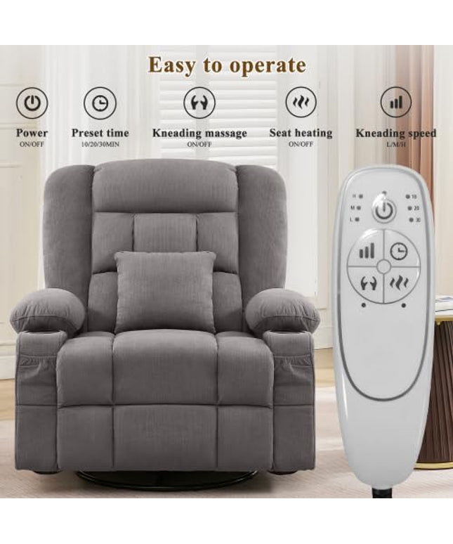 JONPONY Oversized Massage Swivel Recliner Chair with 4-Point 3D Kneading Massage and Heat for Living Room with Rocking Function 2 Cup Holders, USB Charge Port