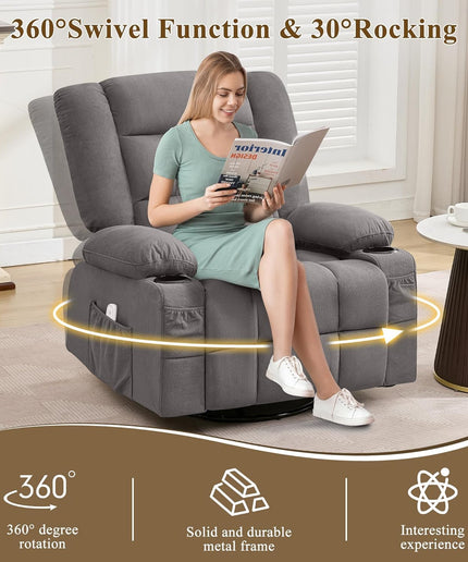 JONPONY Oversized Massage Swivel Recliner Chair with 4-Point 3D Kneading Massage and Heat for Living Room with Rocking Function 2 Cup Holders, USB Charge Port