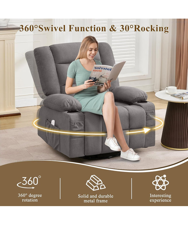 JONPONY Oversized Massage Swivel Recliner Chair with 4-Point 3D Kneading Massage and Heat for Living Room with Rocking Function 2 Cup Holders, USB Charge Port