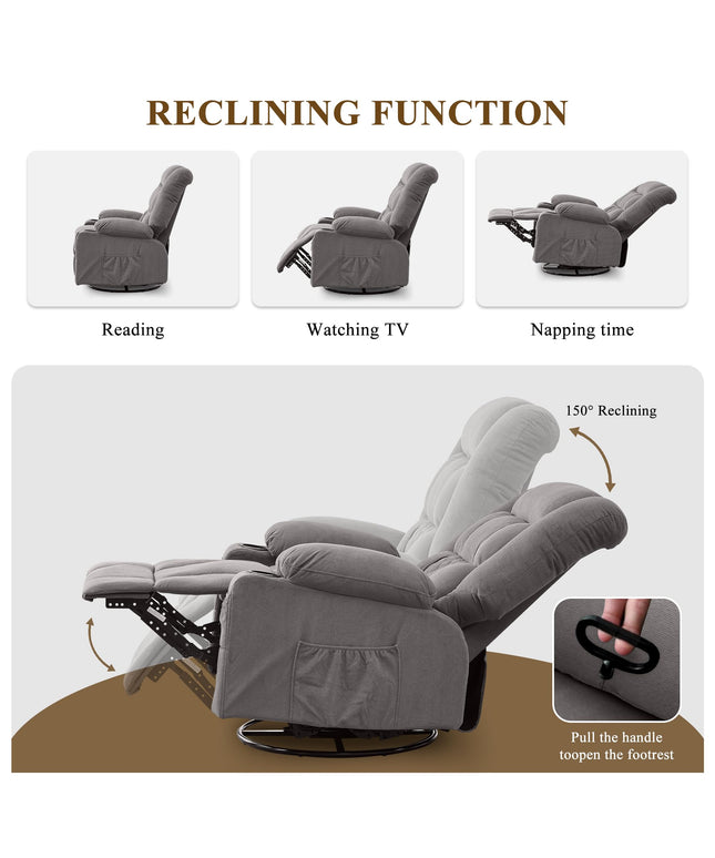 JONPONY Oversized Massage Swivel Recliner Chair with 4-Point 3D Kneading Massage and Heat for Living Room with Rocking Function 2 Cup Holders, USB Charge Port