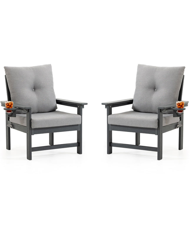 Jonpony Outdoor Armchairs Set of 2, HDPE Patio Couch with Cup Holeder & Thick Gray Cushions, Deep Seating Single Sofa for Garden, Deck, Front Porch