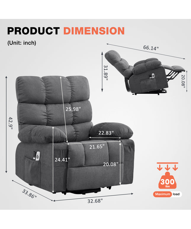 JONPONY Power Lift Recliner Chair Recliners for Elderly with Heat and Massage Recliner Chair for Living Room with Infinite Position and Side Pocket,USB Charge Port,Gray