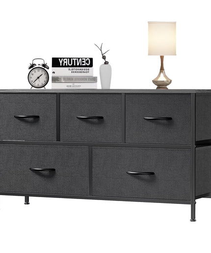 JONPONY 5 Drawer Dresser, Wide Chest of Drawers Nightstand Storage Tower Storage Fabric Dresser with Wood Top for Living Room, Bedroom, Hallway,Black