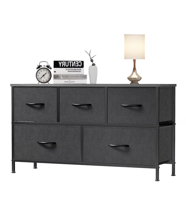 JONPONY 5 Drawer Dresser, Wide Chest of Drawers Nightstand Storage Tower Storage Fabric Dresser with Wood Top for Living Room, Bedroom, Hallway,Black
