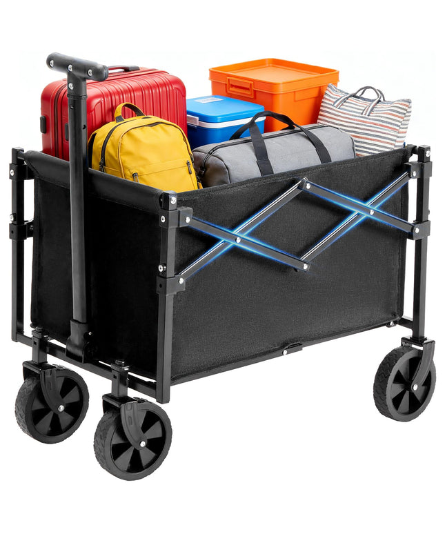 JONPONY Collapsible Wagon Cart with Wheels 220 lbs Capacity, Heavy Duty Mini Foldable Portable Wagon with Adjustable Handle, Small Foldable Cart for Camping, Garden, Sports, Beach, Shopping (Black)