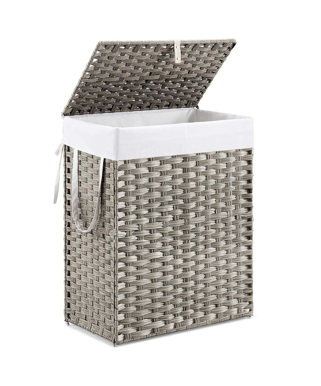 JONPONY Wicker Laundry Basket with Lid, 24 Gallon (91L) Woven Laundry Hamper with Handles, Foldable Rattan Clothes Hamper with Removable Liner & Sturdy Steel Frame