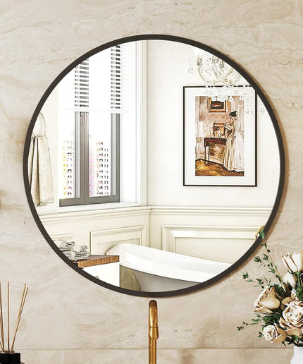 JONPONY 20-inch Black Round Wall Mirror, Circle Bathroom Mirrors with Metal Frame, Wall-Mounted Mirrors for Living Room, Bathroom, Entryway