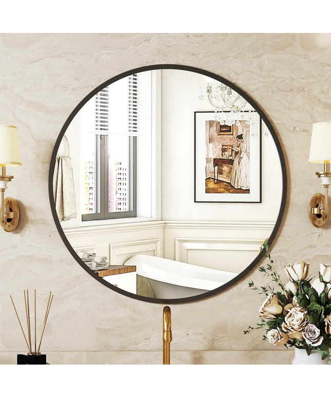 JONPONY 20-inch Black Round Wall Mirror, Circle Bathroom Mirrors with Metal Frame, Wall-Mounted Mirrors for Living Room, Bathroom, Entryway