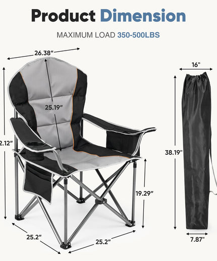 JONPONY Camping Folding Chairs, Outdoor Heavy Duty Chairs with Cup Holder and Cooler Bag, Collapsible Padded Portable Camping Chair for Garden Beach Fishing Sports, Black