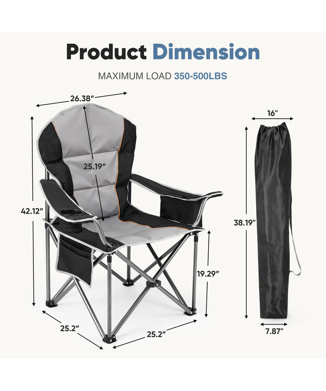 JONPONY Camping Folding Chairs, Outdoor Heavy Duty Chairs with Cup Holder and Cooler Bag, Collapsible Padded Portable Camping Chair for Garden Beach Fishing Sports, Black