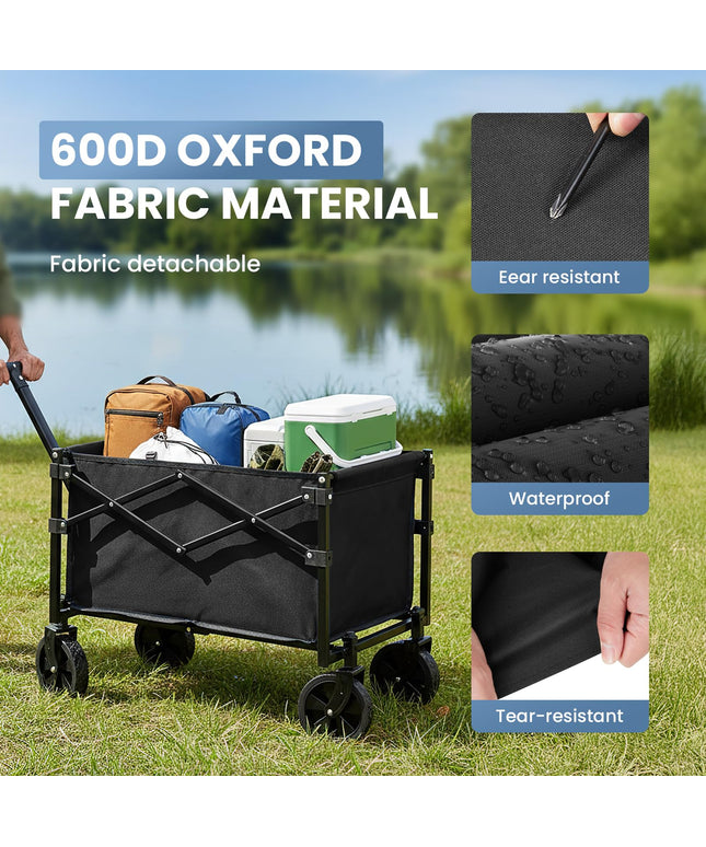 JONPONY Collapsible Wagon Cart with Wheels 220 lbs Capacity, Heavy Duty Mini Foldable Portable Wagon with Adjustable Handle, Small Foldable Cart for Camping, Garden, Sports, Beach, Shopping (Black)