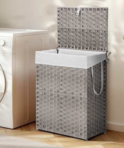 JONPONY Wicker Laundry Basket with Lid, 24 Gallon (91L) Woven Laundry Hamper with Handles, Foldable Rattan Clothes Hamper with Removable Liner & Sturdy Steel Frame