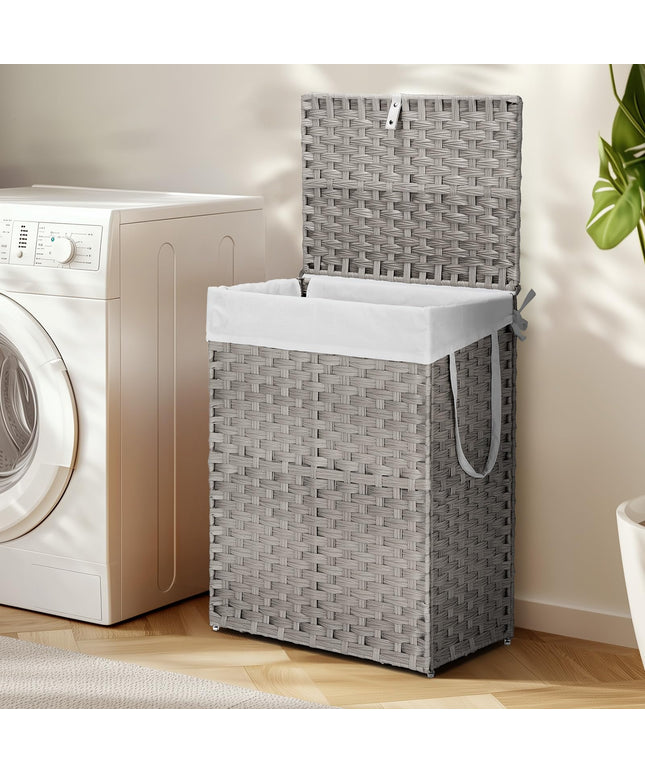 JONPONY Wicker Laundry Basket with Lid, 24 Gallon (91L) Woven Laundry Hamper with Handles, Foldable Rattan Clothes Hamper with Removable Liner & Sturdy Steel Frame