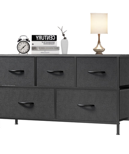 JONPONY 5 Drawer Dresser, Wide Chest of Drawers Nightstand Storage Tower Storage Fabric Dresser with Wood Top for Living Room, Bedroom, Hallway,Black