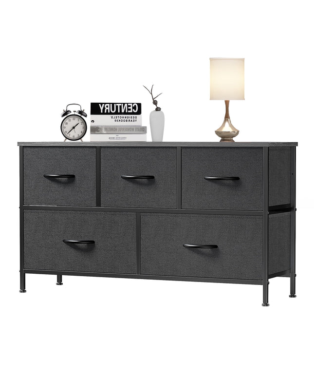 JONPONY 5 Drawer Dresser, Wide Chest of Drawers Nightstand Storage Tower Storage Fabric Dresser with Wood Top for Living Room, Bedroom, Hallway,Black