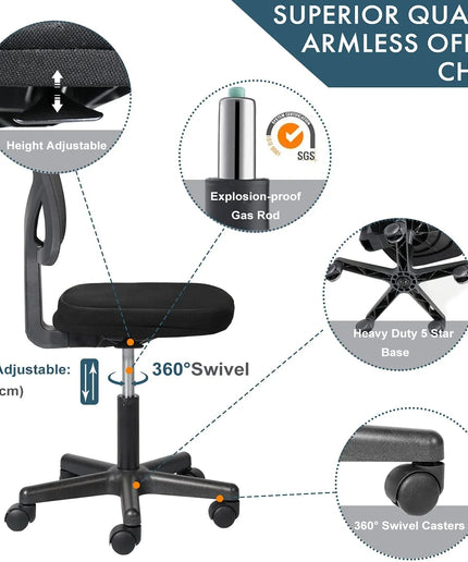 JONPONY Home Office Desk Chair, Armless Mesh Computer Chair for Small Space, Swivel Adjustable Low Back for Teens/Adults, Black