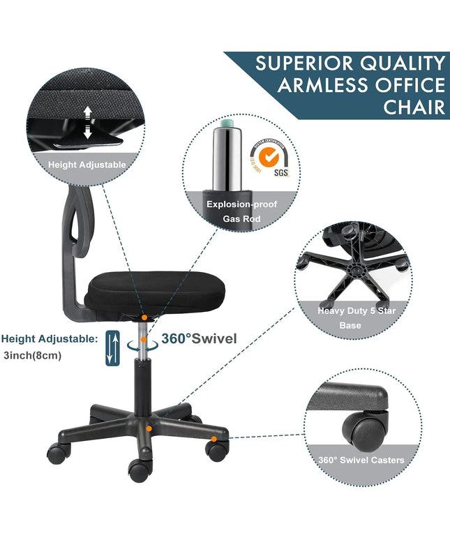 JONPONY Home Office Desk Chair, Armless Mesh Computer Chair for Small Space, Swivel Adjustable Low Back for Teens/Adults, Black