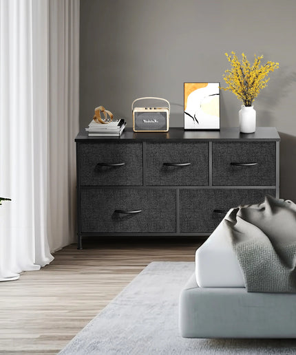 JONPONY 5 Drawer Dresser, Wide Chest of Drawers Nightstand Storage Tower Storage Fabric Dresser with Wood Top for Living Room, Bedroom, Hallway,Black