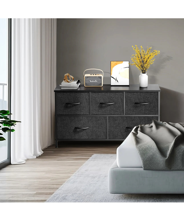 JONPONY 5 Drawer Dresser, Wide Chest of Drawers Nightstand Storage Tower Storage Fabric Dresser with Wood Top for Living Room, Bedroom, Hallway,Black