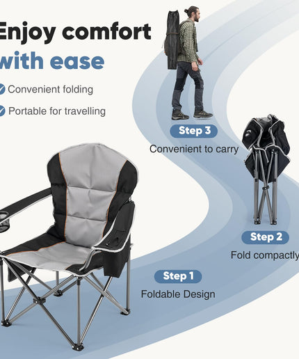 JONPONY Camping Folding Chairs, Outdoor Heavy Duty Chairs with Cup Holder and Cooler Bag, Collapsible Padded Portable Camping Chair for Garden Beach Fishing Sports, Black