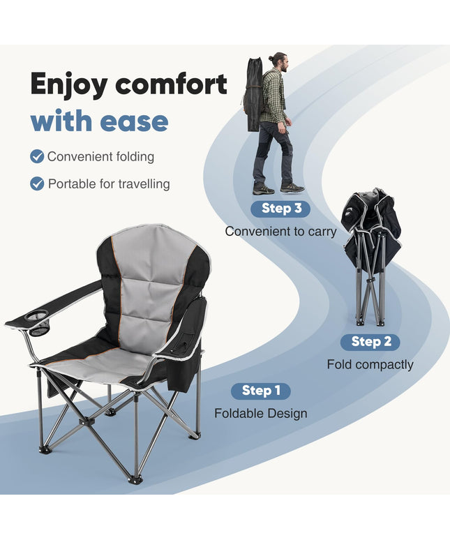 JONPONY Camping Folding Chairs, Outdoor Heavy Duty Chairs with Cup Holder and Cooler Bag, Collapsible Padded Portable Camping Chair for Garden Beach Fishing Sports, Black