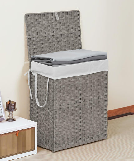 JONPONY Wicker Laundry Basket with Lid, 24 Gallon (91L) Woven Laundry Hamper with Handles, Foldable Rattan Clothes Hamper with Removable Liner & Sturdy Steel Frame