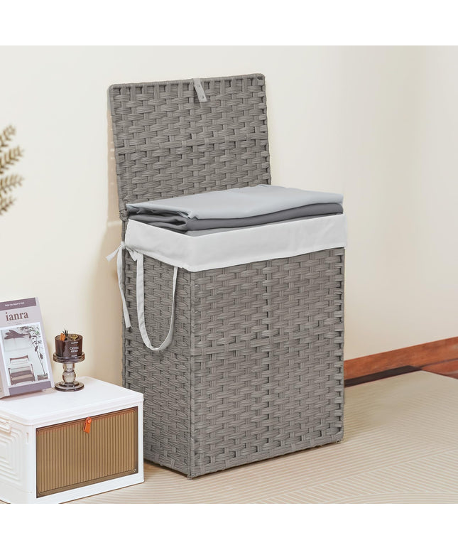 JONPONY Wicker Laundry Basket with Lid, 24 Gallon (91L) Woven Laundry Hamper with Handles, Foldable Rattan Clothes Hamper with Removable Liner & Sturdy Steel Frame