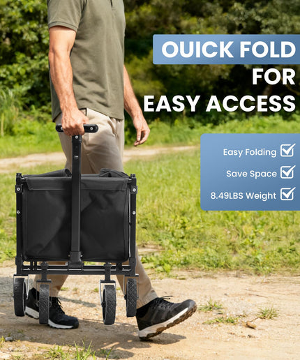 JONPONY Collapsible Wagon Cart with Wheels 220 lbs Capacity, Heavy Duty Mini Foldable Portable Wagon with Adjustable Handle, Small Foldable Cart for Camping, Garden, Sports, Beach, Shopping (Black)