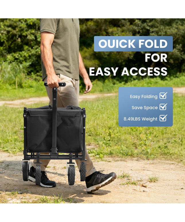 JONPONY Collapsible Wagon Cart with Wheels 220 lbs Capacity, Heavy Duty Mini Foldable Portable Wagon with Adjustable Handle, Small Foldable Cart for Camping, Garden, Sports, Beach, Shopping (Black)