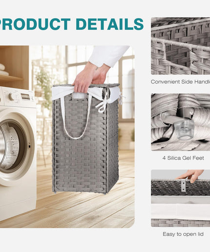 JONPONY Wicker Laundry Basket with Lid, 24 Gallon (91L) Woven Laundry Hamper with Handles, Foldable Rattan Clothes Hamper with Removable Liner & Sturdy Steel Frame
