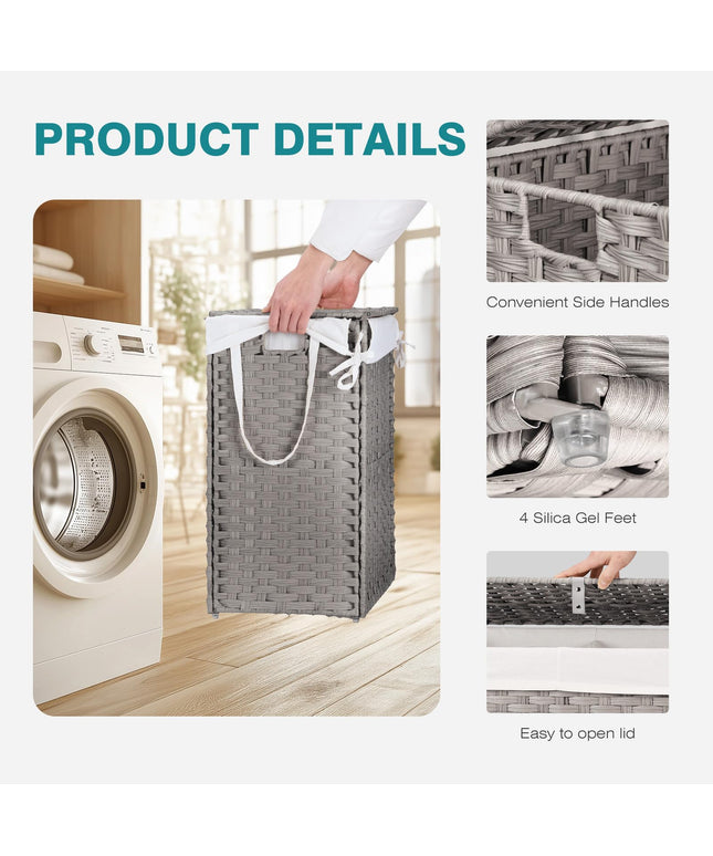 JONPONY Wicker Laundry Basket with Lid, 24 Gallon (91L) Woven Laundry Hamper with Handles, Foldable Rattan Clothes Hamper with Removable Liner & Sturdy Steel Frame