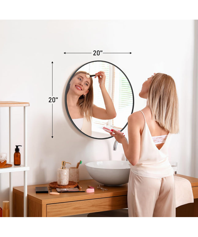JONPONY 20-inch Black Round Wall Mirror, Circle Bathroom Mirrors with Metal Frame, Wall-Mounted Mirrors for Living Room, Bathroom, Entryway