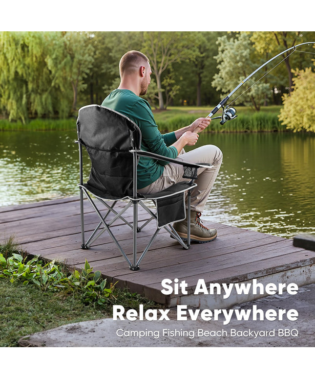 JONPONY Camping Folding Chairs, Outdoor Heavy Duty Chairs with Cup Holder and Cooler Bag, Collapsible Padded Portable Camping Chair for Garden Beach Fishing Sports, Black