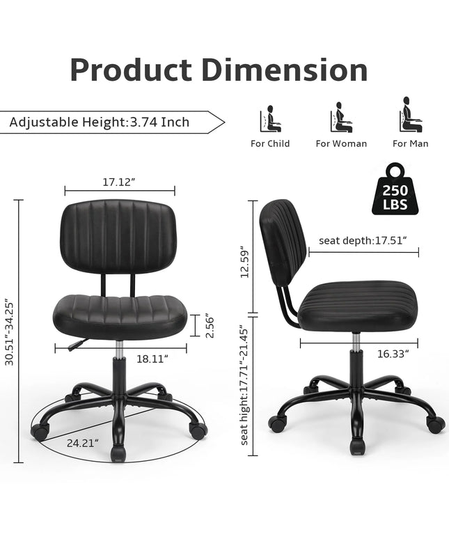 JONPONY Low Back Height Adjustment 360 Degree Rotation Office Desk Chair, Black