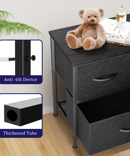 JONPONY 5 Drawer Dresser, Wide Chest of Drawers Nightstand Storage Tower Storage Fabric Dresser with Wood Top for Living Room, Bedroom, Hallway,Black