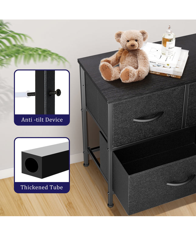 JONPONY 5 Drawer Dresser, Wide Chest of Drawers Nightstand Storage Tower Storage Fabric Dresser with Wood Top for Living Room, Bedroom, Hallway,Black