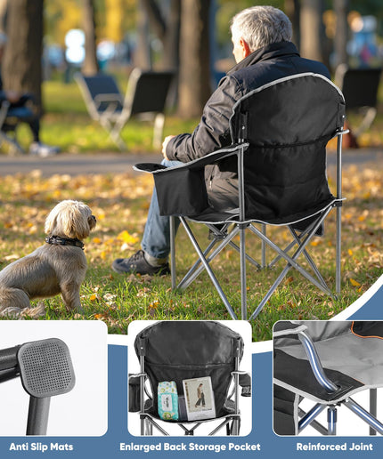 JONPONY Camping Folding Chairs, Outdoor Heavy Duty Chairs with Cup Holder and Cooler Bag, Collapsible Padded Portable Camping Chair for Garden Beach Fishing Sports, Black