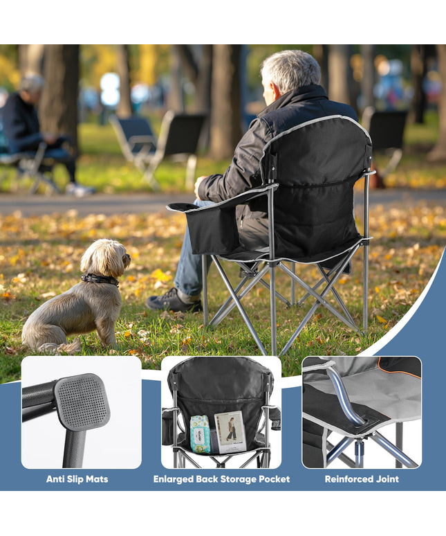 JONPONY Camping Folding Chairs, Outdoor Heavy Duty Chairs with Cup Holder and Cooler Bag, Collapsible Padded Portable Camping Chair for Garden Beach Fishing Sports, Black