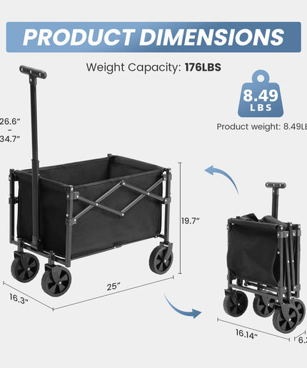 JONPONY Collapsible Wagon Cart with Wheels 220 lbs Capacity, Heavy Duty Mini Foldable Portable Wagon with Adjustable Handle, Small Foldable Cart for Camping, Garden, Sports, Beach, Shopping (Black)