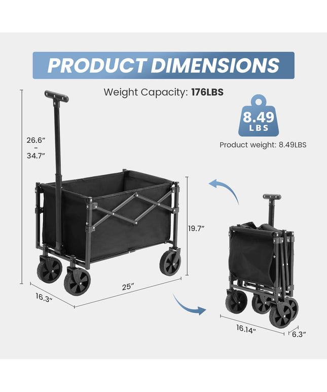 JONPONY Collapsible Wagon Cart with Wheels 220 lbs Capacity, Heavy Duty Mini Foldable Portable Wagon with Adjustable Handle, Small Foldable Cart for Camping, Garden, Sports, Beach, Shopping (Black)