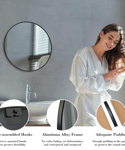 JONPONY 20-inch Black Round Wall Mirror, Circle Bathroom Mirrors with Metal Frame, Wall-Mounted Mirrors for Living Room, Bathroom, Entryway
