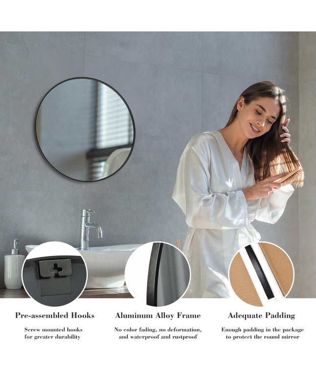 JONPONY 20-inch Black Round Wall Mirror, Circle Bathroom Mirrors with Metal Frame, Wall-Mounted Mirrors for Living Room, Bathroom, Entryway
