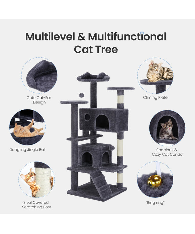JONPONY 54" Cat Tree Tower for Indoor Cats, Multi-Level Pet Furniture with Sisal Scratching Post, Large Cozy Condo, Climbing Ramp, Kitten Toy