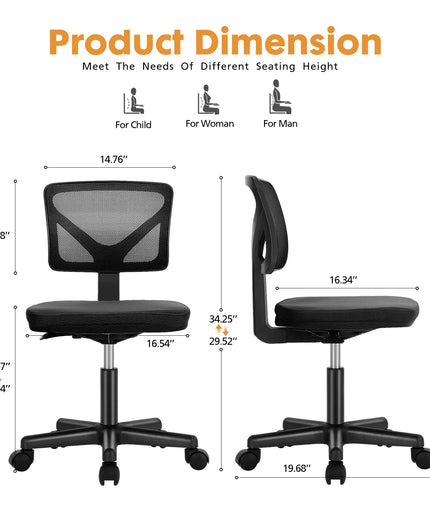 JONPONY Home Office Desk Chair, Armless Mesh Computer Chair for Small Space, Swivel Adjustable Low Back for Teens/Adults, Black