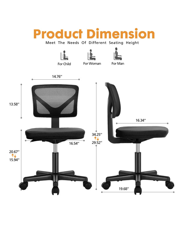 JONPONY Home Office Desk Chair, Armless Mesh Computer Chair for Small Space, Swivel Adjustable Low Back for Teens/Adults, Black