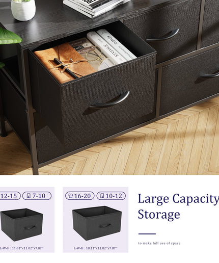 JONPONY 5 Drawer Dresser, Wide Chest of Drawers Nightstand Storage Tower Storage Fabric Dresser with Wood Top for Living Room, Bedroom, Hallway,Black