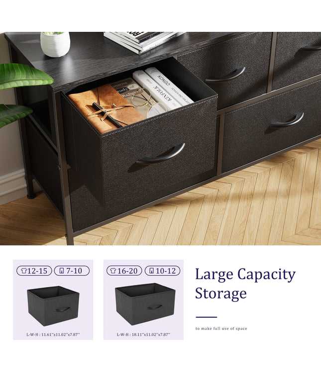 JONPONY 5 Drawer Dresser, Wide Chest of Drawers Nightstand Storage Tower Storage Fabric Dresser with Wood Top for Living Room, Bedroom, Hallway,Black