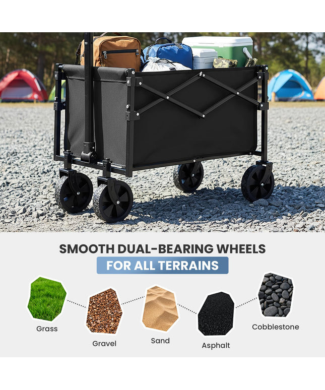JONPONY Collapsible Wagon Cart with Wheels 220 lbs Capacity, Heavy Duty Mini Foldable Portable Wagon with Adjustable Handle, Small Foldable Cart for Camping, Garden, Sports, Beach, Shopping (Black)