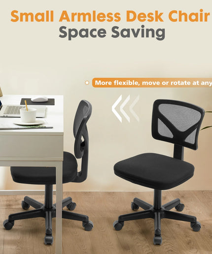 JONPONY Home Office Desk Chair, Armless Mesh Computer Chair for Small Space, Swivel Adjustable Low Back for Teens/Adults, Black